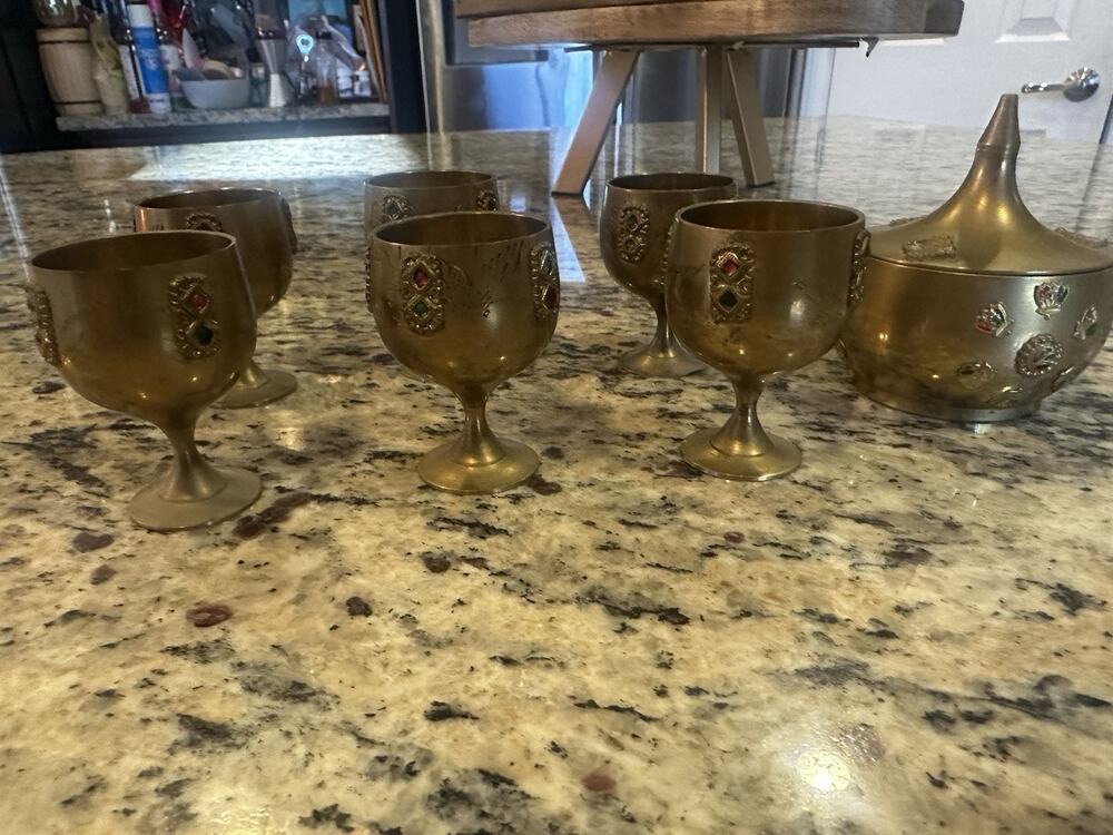 Vintage 6 Rare Brass Cup Goblet With Matching Pot Coffee Tea Cups Chalice